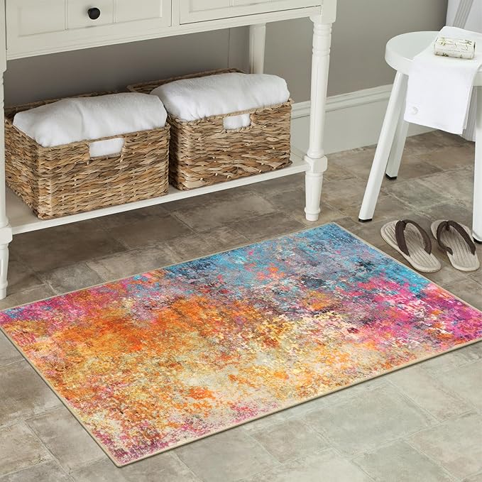 Lahome Modern Abstract Area Rug - 2x3 Small Kitchen Rug Washable Rugs for Entryway Colorful Bathroom Rug Non Slip, Rainbow Contemporary Front Indoor Doormat Floor Throw Carpet for Bedroom