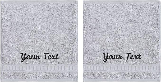 Personalized Towels, Luxury Turkish Genuine Cotton Monogrammed Towel Washcloths for Bathroom, Kitchen, Hotel, Spa, Gym & College Dorm, 2 Pack Washcloth Set for Body & Face, Baby and Adults, Light Grey