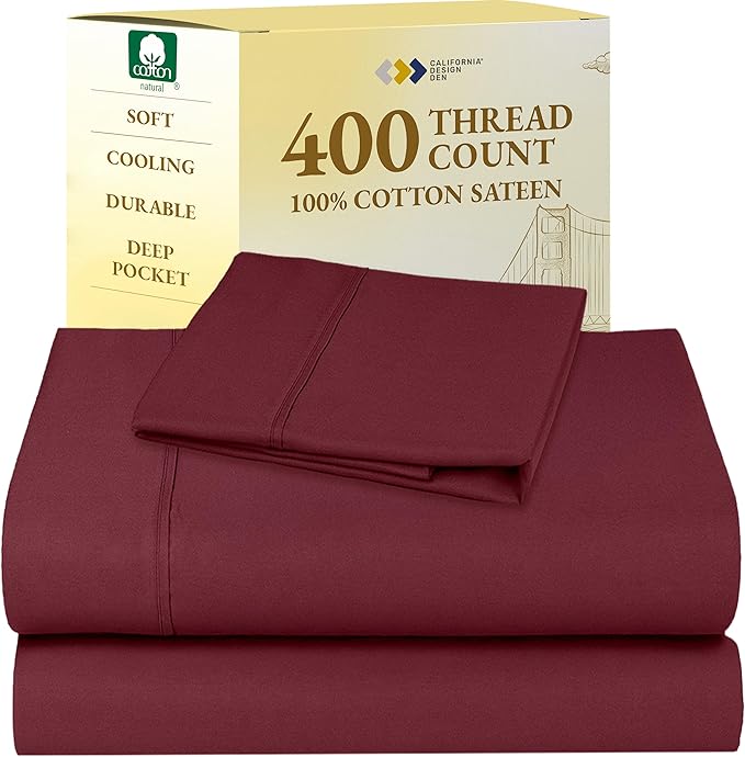 California Design Den Twin XL Sheet Sets - 400 Thread Count Sateen, 100% Cotton Sheets Set, Deep Pockets, and Durable Bedding for Dorm Rooms & Adults - Burgundy Red CaliforniaDesignDen