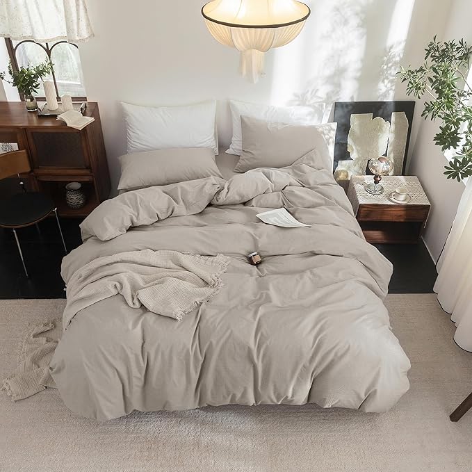 FOSSA Duvet Cover Set 100% Washed Cotton Linen Feel Super Soft Breathable Cozy 3 Pieces Bedding Sets Solid Cream Grey Twin