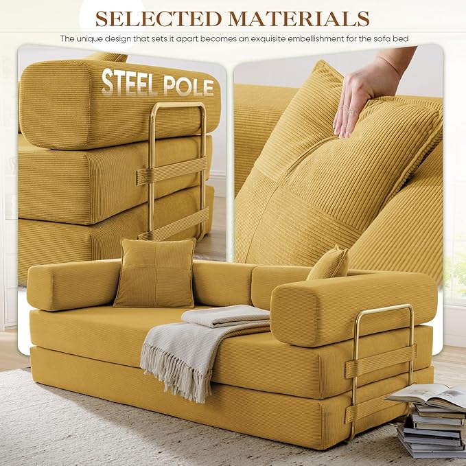 Antetek Convertible Futon Sofa Bed, 3-Seater Modern Corduroy Foam Floor King Size Bed Foldable Sleeper Lounge Loveseat Sofa Couch with 2 Throw Pillows for Living Room Bedroom Guest Room, Yellow