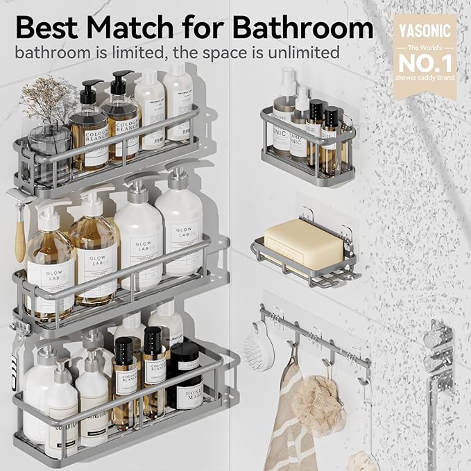 YASONIC Shower Caddy, 6 Pack Large Capacity shower Organizer with Soap Holder and 12 Hooks, Rustproof Shower Shelves for Inside Shower, No Drilling&Sleek Bathroom Organizers and Storage Grey