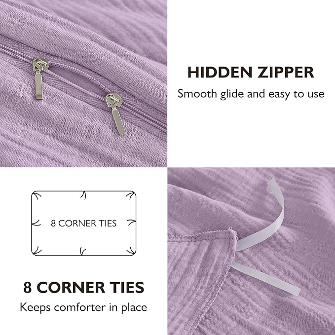 EMME Muslin Cotton Duvet Cover Set Lavender Twin Size Linen Like Soft Breathable Lightweight Summer Comforter Cover Set with Zipper Closure (Lavender, Twin, 68"x90")