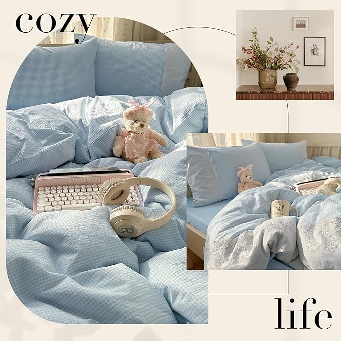 mixinni Blue Gingham Duvet Cover Full Size - 3 Piece Cottagecore Plaid Bedding Set with Lace Trim, Soft Washed Microfiber Vintage Aesthetic Grid Comforter Cover & Pillow Shams, (Blue White Gingham)