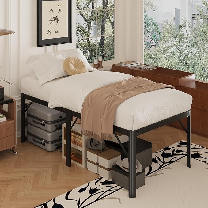 24 Inch High Twin Bed Frames with Rounded Corner Legs, Heavy Duty Metal Twin Size Platform Bed Frame No Box Spring Needed, Easy Assembly, Noise Free, Black
