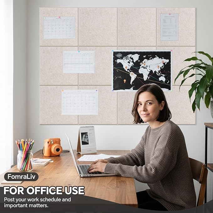 12 Pack Felt Cork Board Tiles 11.8×11.8 Inch, DIY Wall-Mounted Bulletin Board with 35 Pushpins & 100 Adhesive Pads, Sound-Absorbing Magnetic Corkboard for Home Office Classroom Vision Board (Camel)