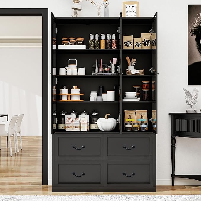 78.8" Tall Bookcase Display Storage Cabinet Hutch with Glass Doors & Drawers - Curio Display Bookshelf Kitchen Pantry for Home, Kitchen, Living Room.