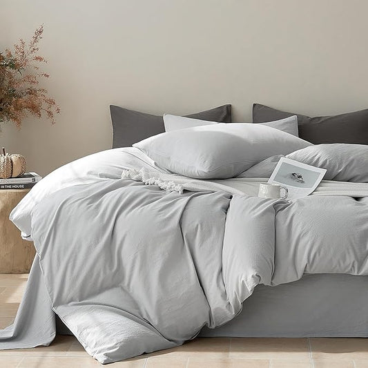 JELLYMONI Duvet Cover Full Size - Washed Cotton Comforter Cover with Linen-Like Texture,Breathable & Soft Bedding for Modern Home,Guest Room and Everyday Use,Pale Grey 1 Duvet Cover & 2 Pillowcases