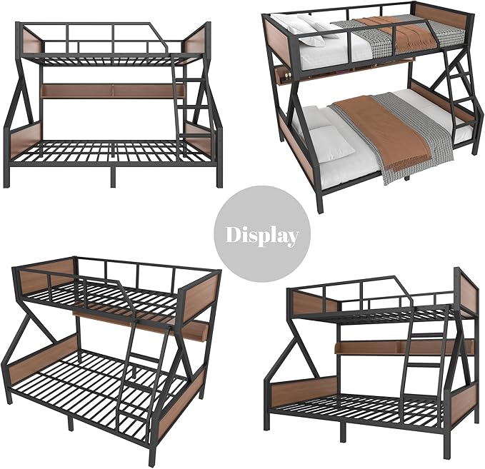 Full XL over Queen Bunk Bed with Storage Shelves, Metal Bunk Beds with Ladders and LED Lights, Heavy-duty Bunkbed for Bedrooms, Guest Rooms and Dorms, No Box Spring Needed and Noise-free Design, Black