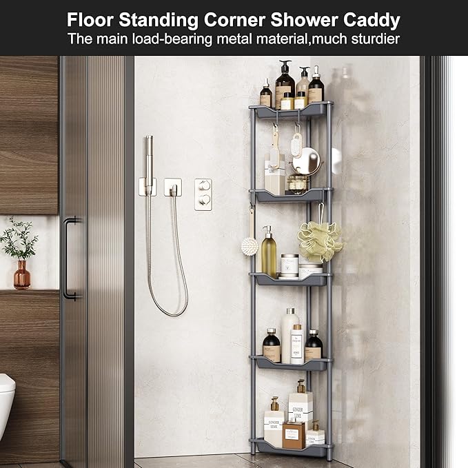 Orimade Rustproof 5 Tier Floor Standing Corner Shower Caddy Organizer, Plastic Metal Splicing Floor Corner Shelf Rack Stands for Bathroom, Grey