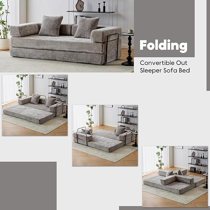 Convertible Floor Sofa Bed with Fixed-Shape Frame, Modular Chenille Folding Mattress Couch with Armrest, Floor Sofa Lounge Couch for Living Room Bedroom Lounge Studio,Light Grey