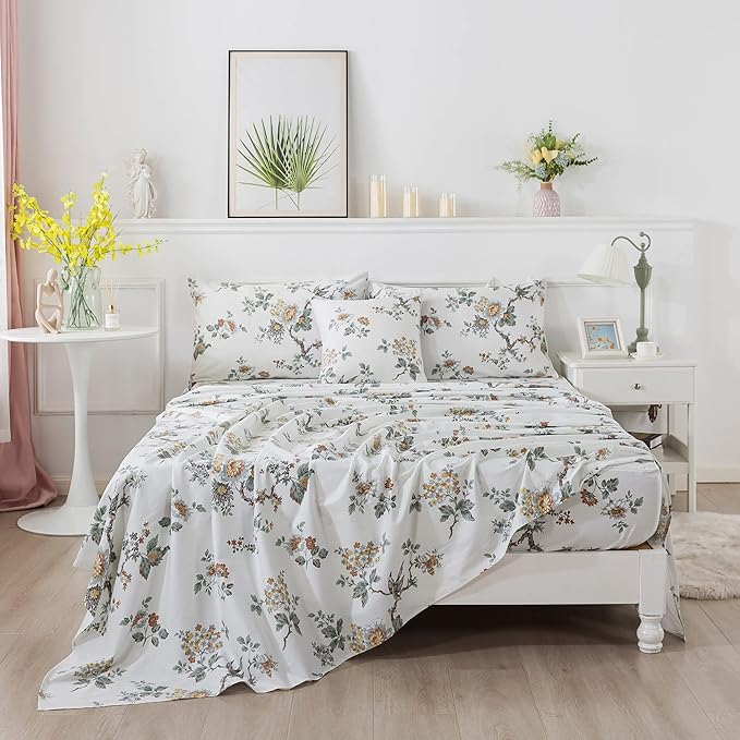 FADFAY Sheets Set King Elegant Floral Bedding Shabby Beige Bird Print Flower Bed Sheet Set Vintage Farmhouse Bedding 100% Cotton Ultra Soft Bedding with Deep Pocket Fitted Sheet 4Pcs, King Size