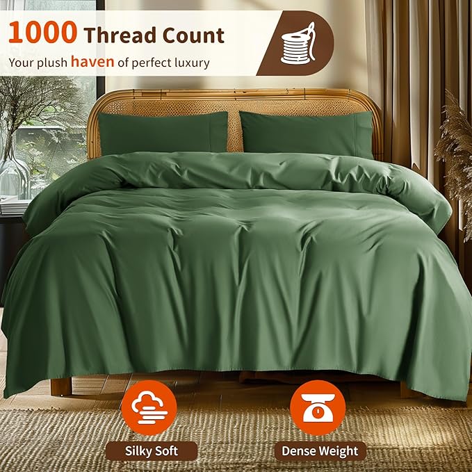 LBRO2M 1000 Thread Count 100% Egyptian Cotton Sheets Set King Size, 4 Piece Sets Bed Sheet Deep Pocket Sheet Set 16" Soft Comfortable All Season (King, Olive Green)