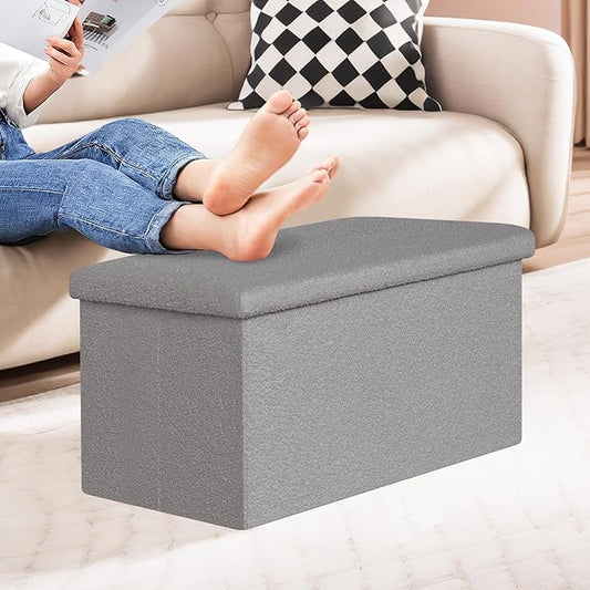 PINPLUS Folding Storage Ottoman Bench, Sherpa Ottoman with Storage, Large Long Shoes Bench Chest with Lid, Footrest for Living Room, Entryway, Grey 30'' x 15'' x 15''