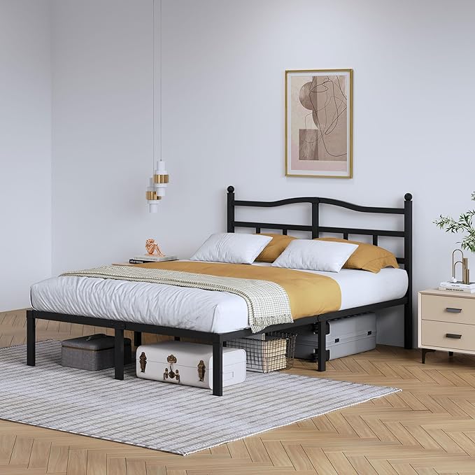 Metal Bed Frame with Headboard - 14 Inch King Size Heavy Duty Bedframe Black Basic Steel Slats Platform No Box Spring Needed/Easy Assembly/Noise Free