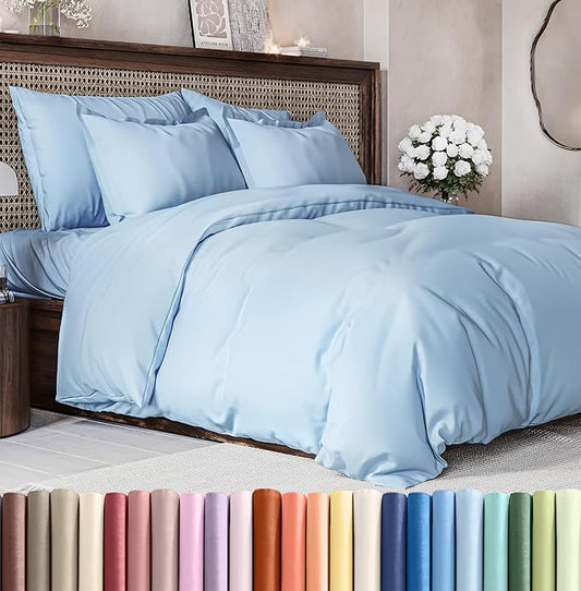 Duvet Cover Queen Size Set - Extra Soft Queen Size Duvet Cover 90 x 90 with 2 Pillow Shams - Hotel Luxury Easy Care and Fade Free w/Zipper Closures & Ties - Comfy Breathable Bedding Set (Sky Blue)