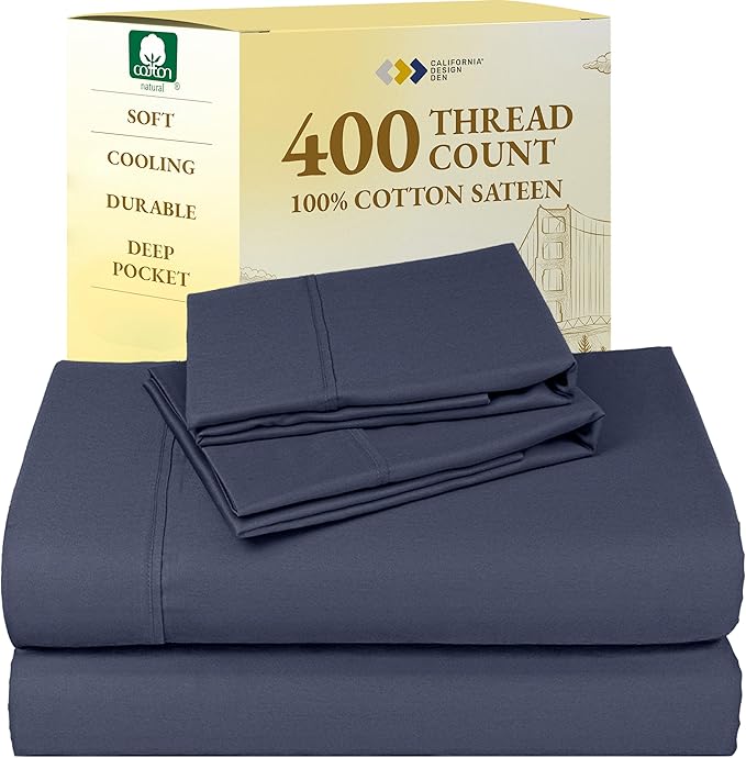 California Design Den King Bed Sheets Set - Soft 400 Thread Count Sateen, Natural 100% Cotton Sheets, Deep Pockets with All-Around Elastic, Durable Bedding Set - Indigo Dusty Blue CaliforniaDesignDen