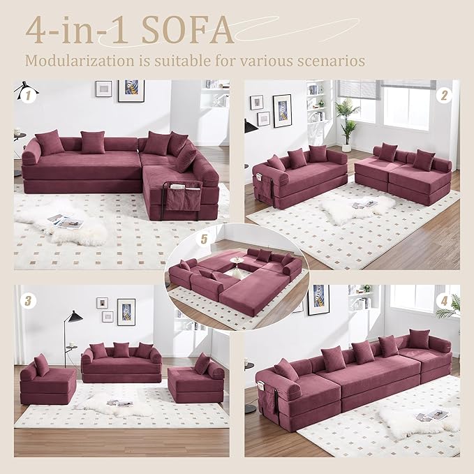 106" Oversized Convertible Sleeper Sofa Bed, Corduroy L Shape Sectional Couch, Folding Sofa Bed with Side Pocket, Modern Cloud Floor Mattress Couch, Modular Sofa for Living Room, Wine Red