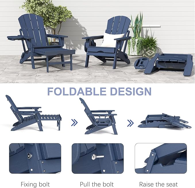 FOOWIN Adirondack Chair with Retractable Ottoman,HDPE Folding Adjustable Adirondack Chair w/4 in 1 Cup Holder Trays,All-Weather Resistant Fire Pit Chair for Outdoor Patio Lawn Set of 6