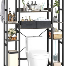 Over The Toilet Storage with 2 Drawers - 11 Tier Bathroom Organizer Freestanding Space Saver Storage Rack with Adjustable Shelf Above Toilet Stand with 4 Hooks for Restroom, Laundry, Grey Oak