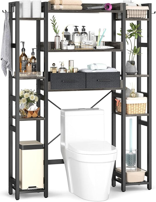 Over The Toilet Storage with 2 Drawers - 11 Tier Bathroom Organizer Freestanding Space Saver Storage Rack with Adjustable Shelf Above Toilet Stand with 4 Hooks for Restroom, Laundry, Grey Oak