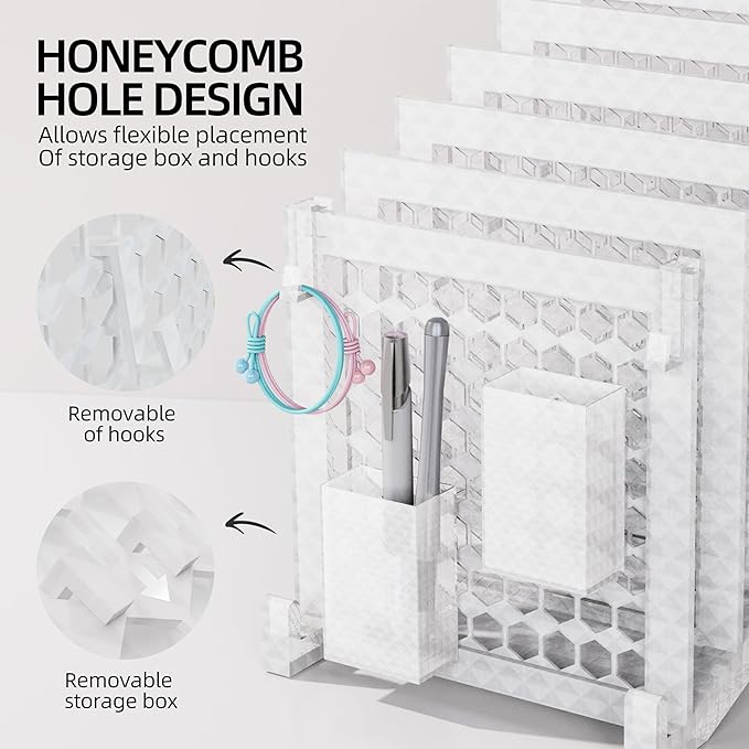 File Organizer for Desk with Storage Box & Hook, Inclined Desk File Organizer with 5-Section Vertical File Holder suitable for Home Office Document Organization (Ice Crystal