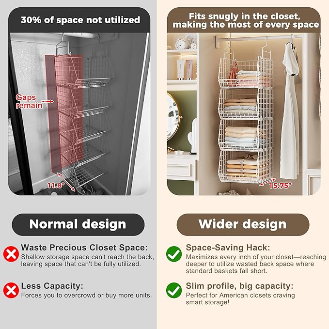 4" Extra Deeper Foldable Hanging Closet Organizer, Small Wire Cabinet Shelves and Storage with 5 S Hooks,4 Tier Metal Basket Bins for Clothes Sweaters Handbags, Wardrobe for Kitchen Laundry Room，White