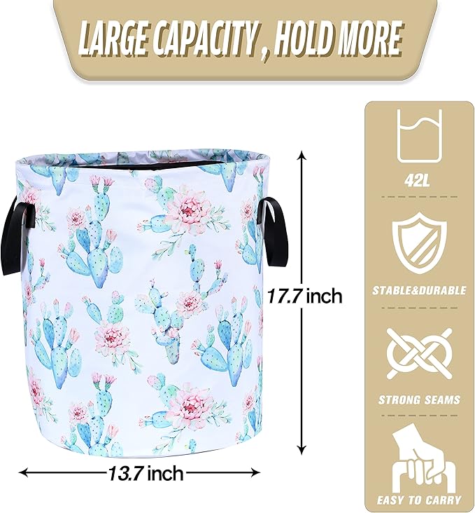 Cactus Flowers Laundry Basket Pink Floral Foldable Oxford Cloth Funny Tote Bag Laundry Hamper Clothes Storage Bucket Organizer For Bathroom/Laundry Storage/Bedroom 17.7x13.7 Inch