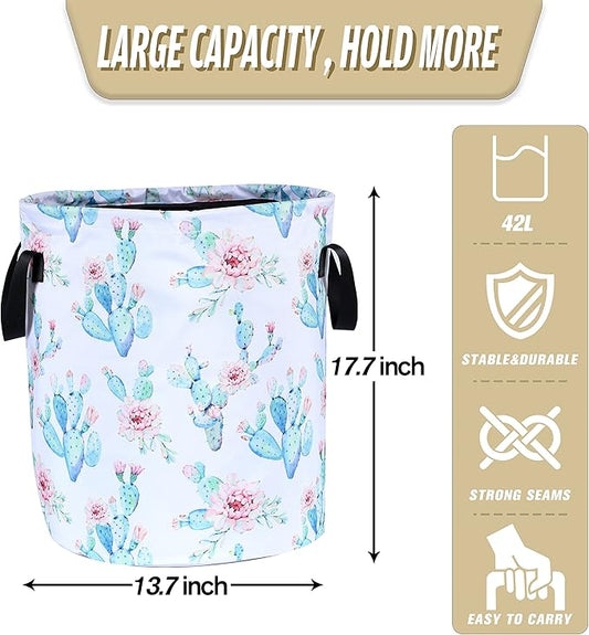 Cactus Flowers Laundry Basket Pink Floral Foldable Oxford Cloth Funny Tote Bag Laundry Hamper Clothes Storage Bucket Organizer For Bathroom/Laundry Storage/Bedroom 17.7x13.7 Inch