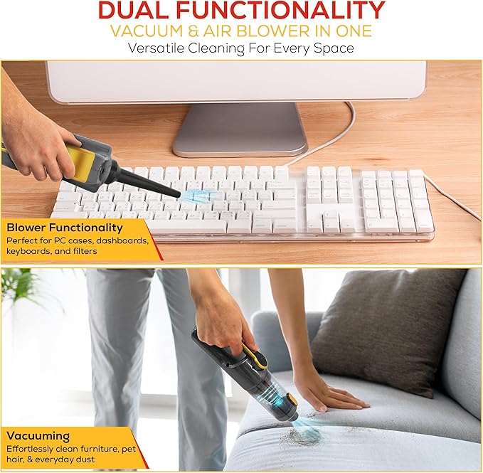 HyperVac 2-in-1 Handheld Portable Car Vacuum Cleaner & Blower, 18500Pa Suction, Corded/Cordless Air Duster with LED Light, Flexible Hoses, USB-C Fast Charge – Ideal for Home, Office & Pets(2025 Model)