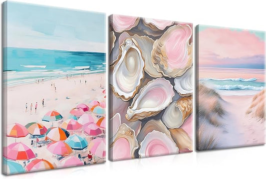 Preppy Coastal Canvas Wall Art Set of 3, Trendy Pink Beach Wall Decor Paintings, Summer Beachy Shells Oyster Aesthetic Posters Prints Pictures for Girls Room Dorm Bathroom Bedroom 16x24 Inch Framed