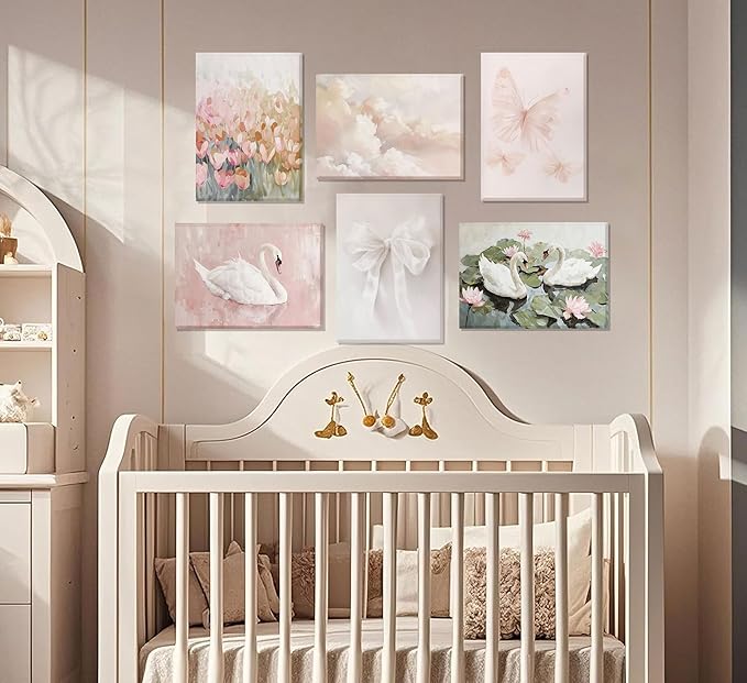 6Pcs Coquette Wall Art Pastel Pink Trendy Canvas Bow Posters White Swan Preppy Painting Butterfly Pictures Aesthetic Floral Prints Nursery Wall Decor for Teen Girls Bedroom College Dorm Framed