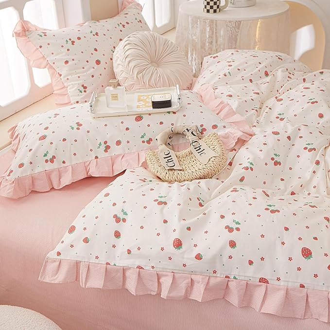 MKXI Strawberry Print Comforter Set - Pink and White Ruffled Bedding with Floral Accents, Soft Microfiber, 3-Piece Full Size, Lightweight and Cozy for Kids, Teens, and Adults