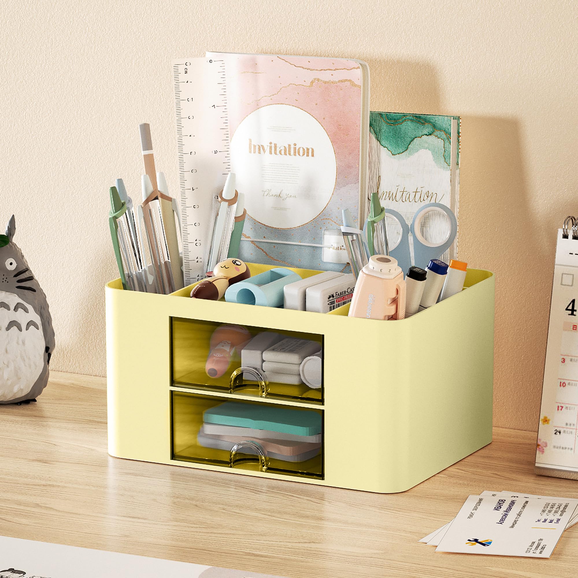 Marbrasse Pen Organizer with 2 Drawer, Multi-Functional Pencil Holder for Desk, Desk Organizers and Accessories with 5 Compartments + Drawer for Office Art Supplies (Blue) Dormly