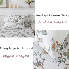 FADFAY Elegant Floral Bed Sheet Set - Cal King Size, Shabby Beige Bird Print, 100% Cotton Soft Bedding with Deep Pocket Fitted Sheet, 4Pcs