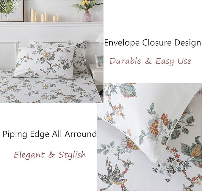 FADFAY Elegant Floral Bed Sheet Set - Cal King Size, Shabby Beige Bird Print, 100% Cotton Soft Bedding with Deep Pocket Fitted Sheet, 4Pcs