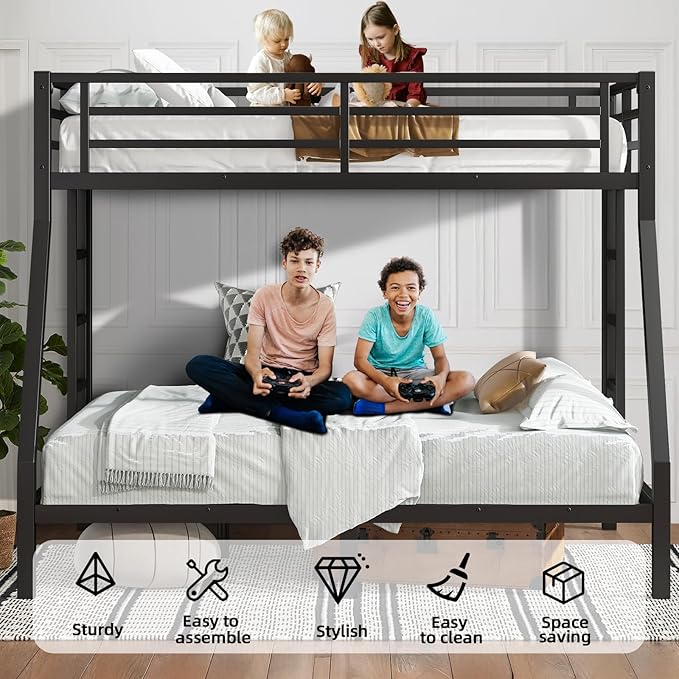 Twin Over Full Bunk Bed, Metal Bunk Bed Frame Heavy Duty Bunk Beds Loft Bed Frame with Ladder and Guardrail Metal Slats No Box Spring Required for Adults Teens, Black