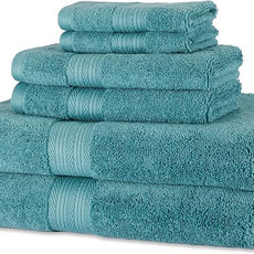 Amazon Basics Fade Resistant Bath, Hand and Washcloth Towel Set, 100% Cotton, Set of 6, 30 x 54 inches, Teal Green