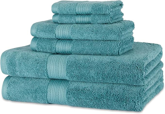 Amazon Basics Fade Resistant Bath, Hand and Washcloth Towel Set, 100% Cotton, Set of 6, 30 x 54 inches, Teal Green
