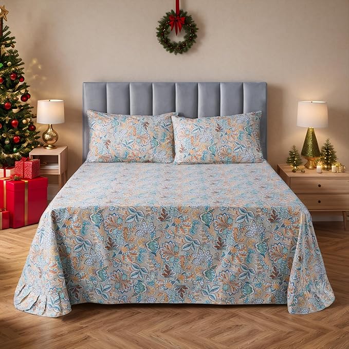 FADFAY Sheets Set Twin Shabby Gold Floral Bedding Classic Vintage Farmhouse Bedding Set Elegent Royal Print Bed Sheet Set 100% Cotton Ultra Soft Deep Pocket Fitted Sheet 4-Pieces Twin Size