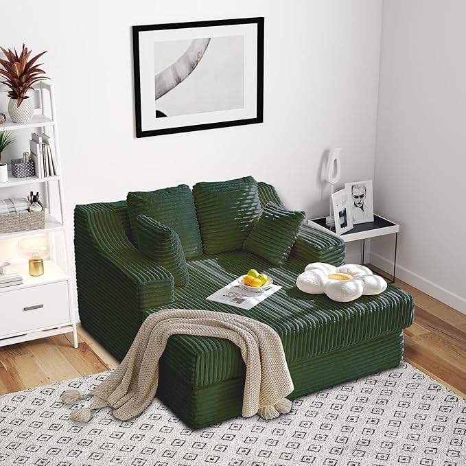 55 Inch Chaise Lounge Indoor - Oversized Chaise Lounge with 4 Throw Pillows and Armrets, Upholstered Plush Sofa Bed, Corduroy Lazy Chair Bed, Sleeper Chair for Living Room or Bedroom, Green