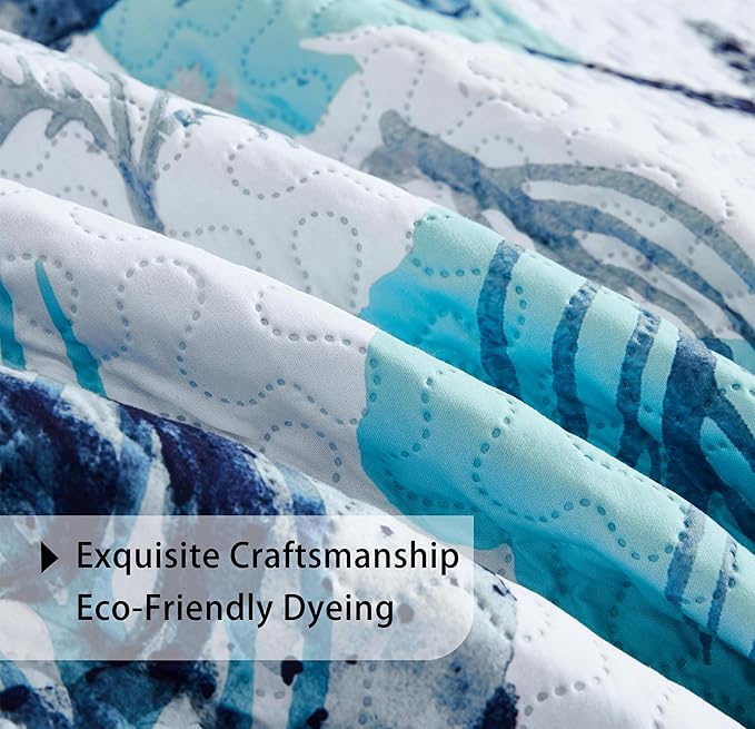 Tritard 3 Piece Coastal Full/Queen Quilt Sets Nautical Reversible Lightweight Bedspread Coverlet with 2 Shams Blue Starfish Conch Beach Microfiber Bedding Quilt Set for All Season, 90''x96''