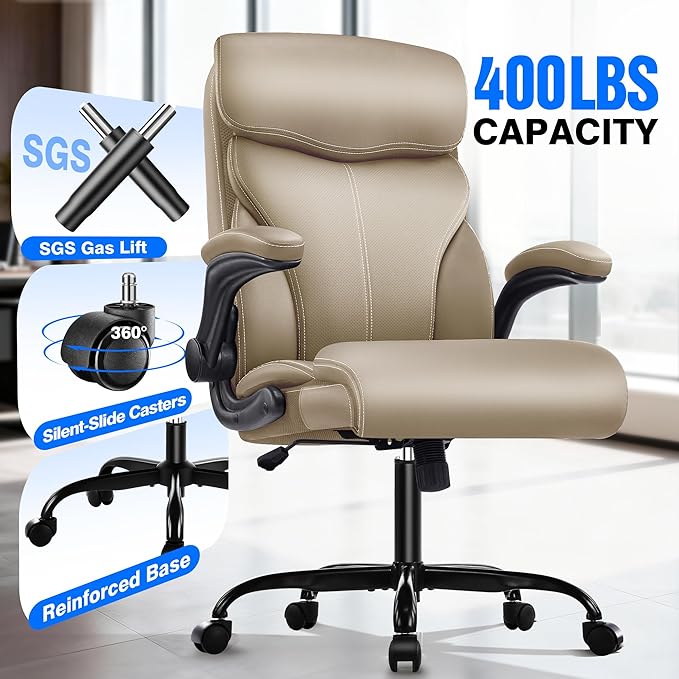 Office Chair - Executive High Back Breathable Comfy Desk Chair with Lumbar Support - Ergonomic Leather Rolling Swivel Computer Chair with Rock Function for Working Studying Gaming Relaxing