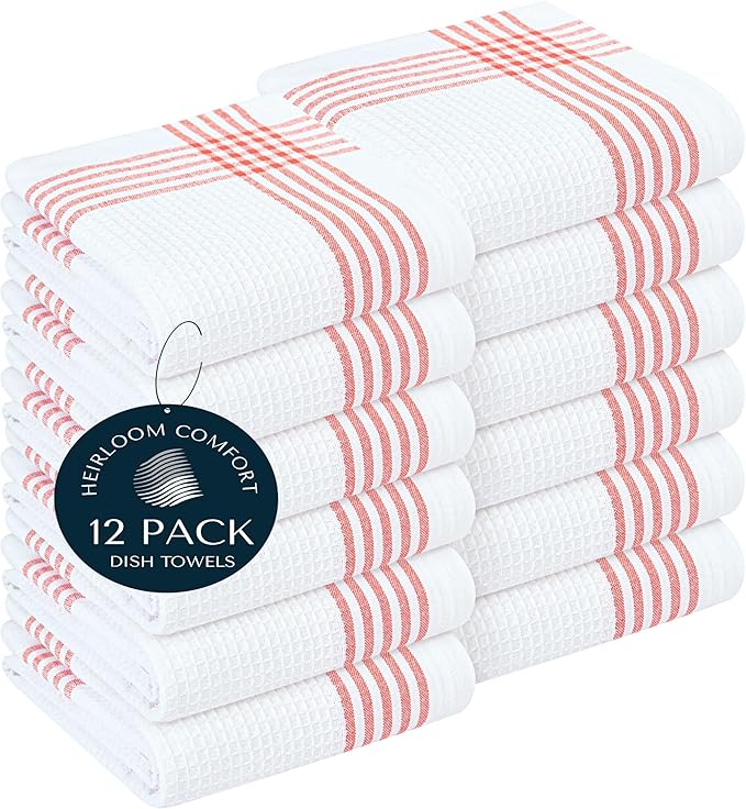 Red and White Waffle Weave Kitchen Towels 12 Pack, 16x26 Inch, Cotton Dish Towels with Hanging Loop, Quick Dry, Absorbent, Machine Washable, Durable for Kitchen & Cleaning