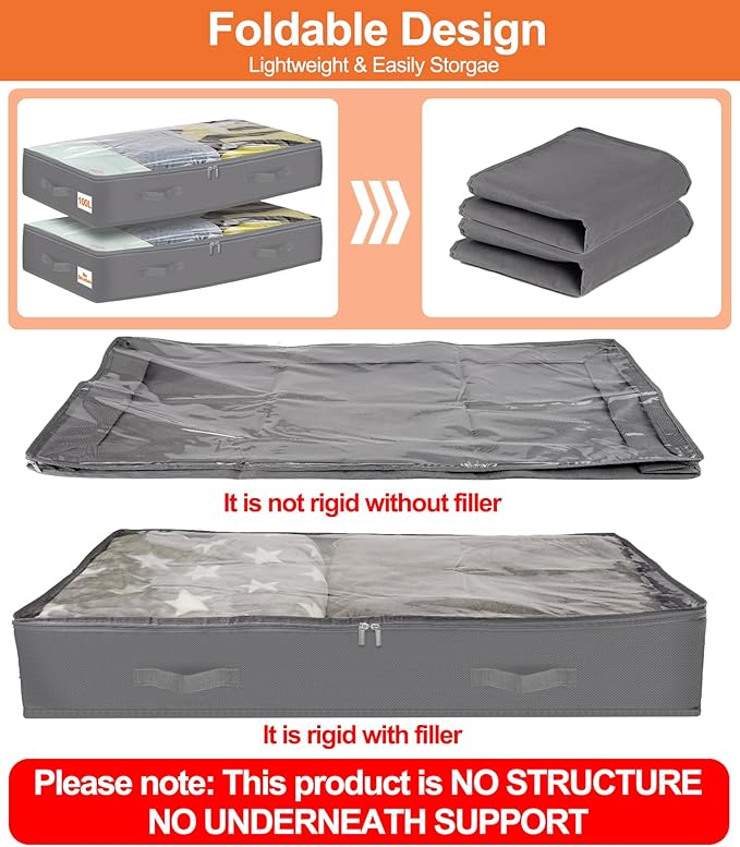 punemi Under Bed Storage Containers with Lid, 2 Pack Large Soft Foldable Storage Bags for Clothes, Coats, Sweaters, Blankets, Water-Resistant Inner Layer, 20x40x7.5 in, Perfect for Apartments and RV