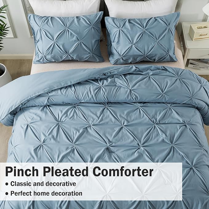 Andency Grayish Blue Pinch Pleat Comforter Twin(66x90Inch), All Season 2 Pieces(1 Pintuck Comforter, 1 Pillowcase) Microfiber Pintuck Comforter Sets Down Alternative Comforter Bedding Set