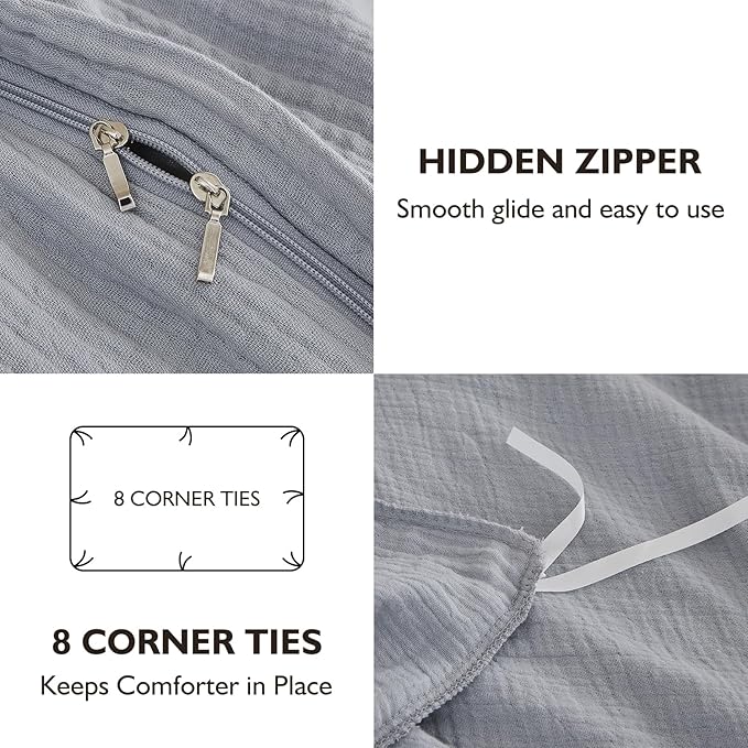EMME Muslin Cotton Duvet Cover Set Light Grey King Size Linen Like Soft Breathable Lightweight Summer Comforter Cover Set with Zipper Closure (Light Grey, King, 104"x90")