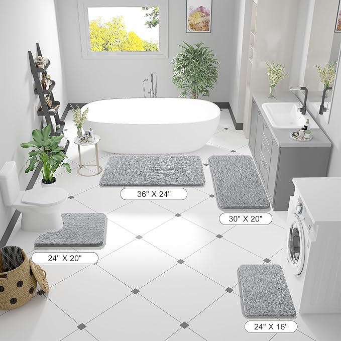 OLANLY Bathroom Rugs 59x35, Extra Soft Absorbent Chenille Bath Rugs, Rubber Backing Quick Dry, Machine Washable Bath Mats for Bathroom Floor, Tub and Shower, Home Decor Accessories, Light Grey