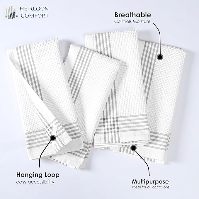 Grey and White Cotton Kitchen Towels 5 Pack, 16x26 Inch, Waffle Weave, Quick Dry, Absorbent, Durable Dish Towels for Drying, Cleaning, Cooking, Daily Kitchen Use