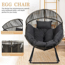 Vongrasig Comfy Wicker Rocking Egg Chair, Soft Thick Cushion Rattan Lounge Chair, High Capacity Steel Frame, Reading Chair for Living Room, Bedroom, Dorm Rooms (Black/Rattan)